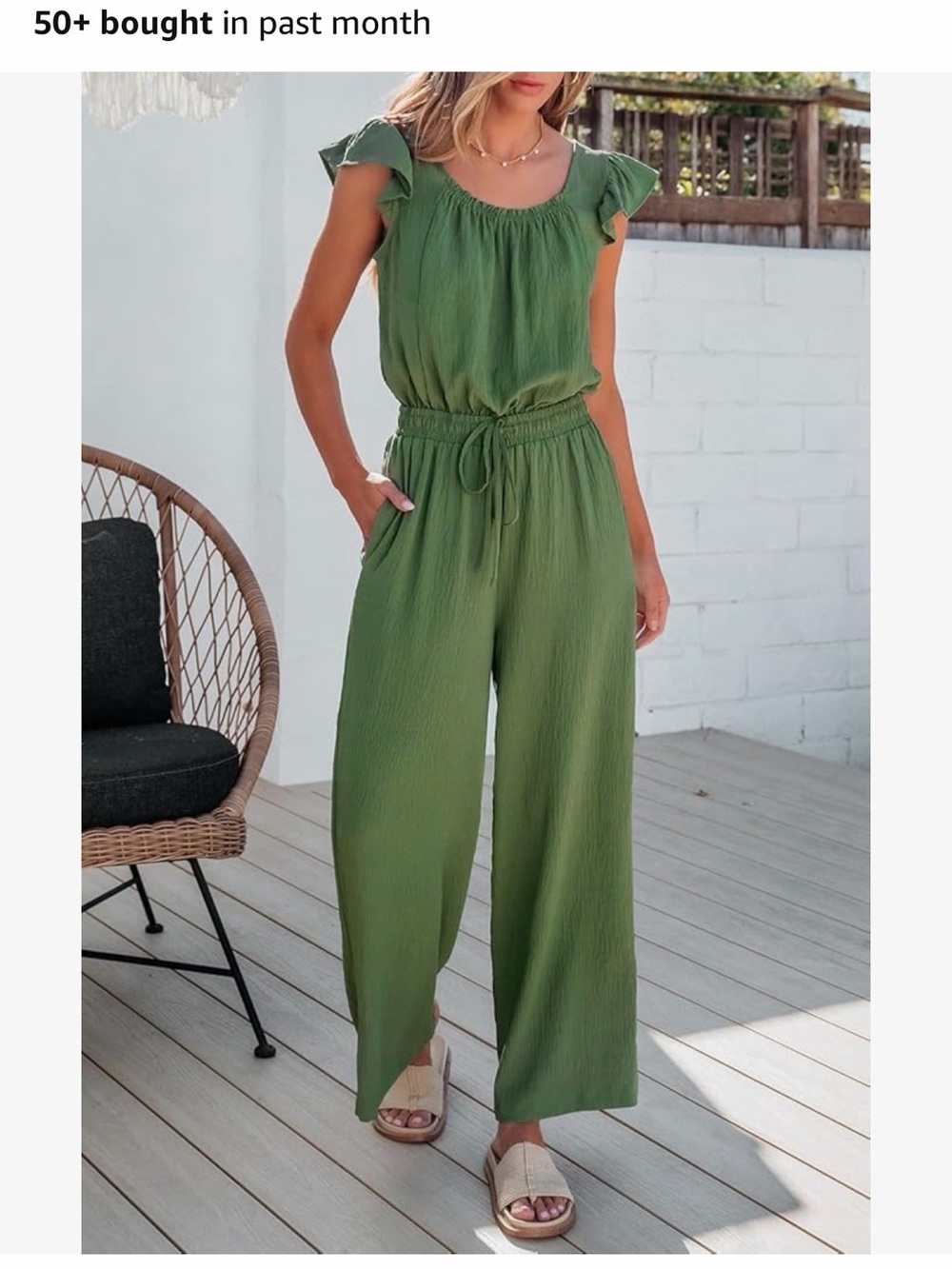 Relaxed Green Wide-Leg Jumpsuit with Ruffle Cap Sleeves